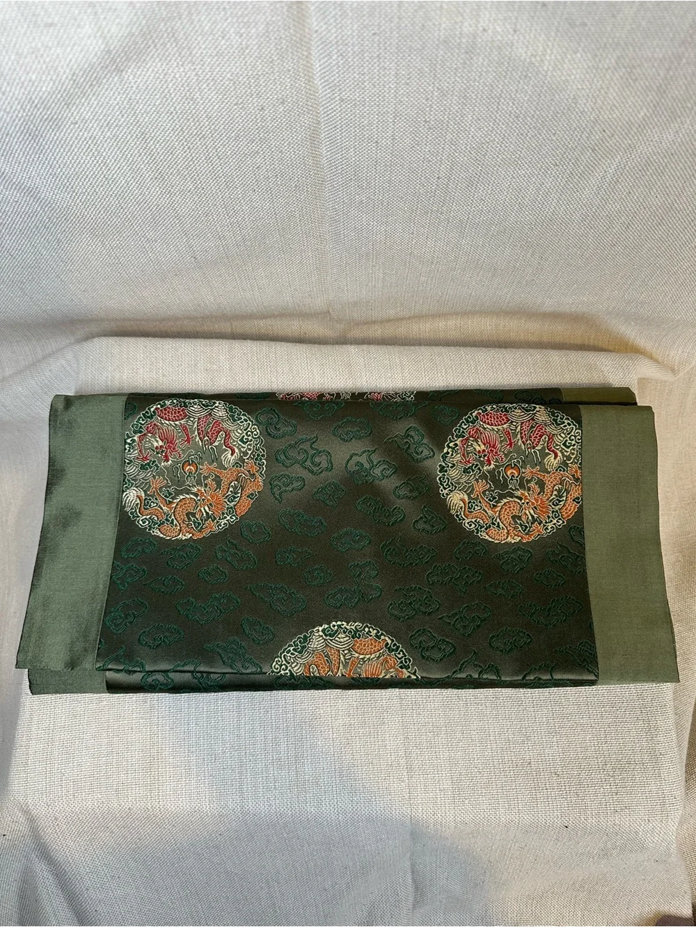 VINTAGE Silk Brocade Table Runner Sage Green & Gold NEW